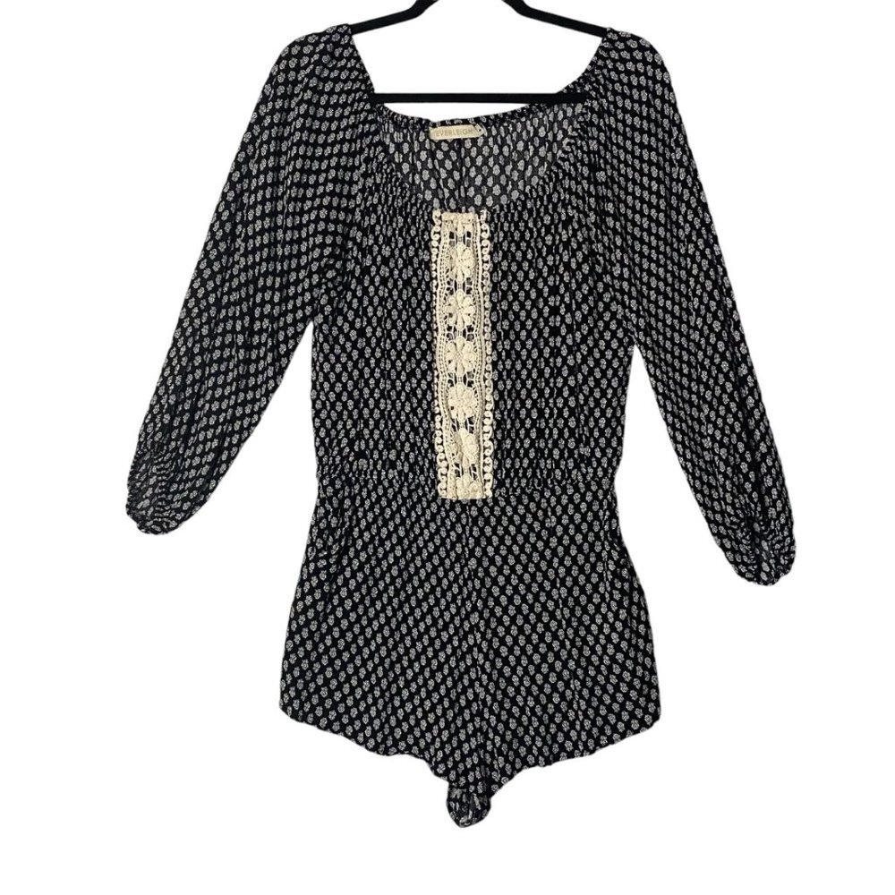 Everleigh Romper Women Small Black Floral Background Crochet Detail Scoop Neck